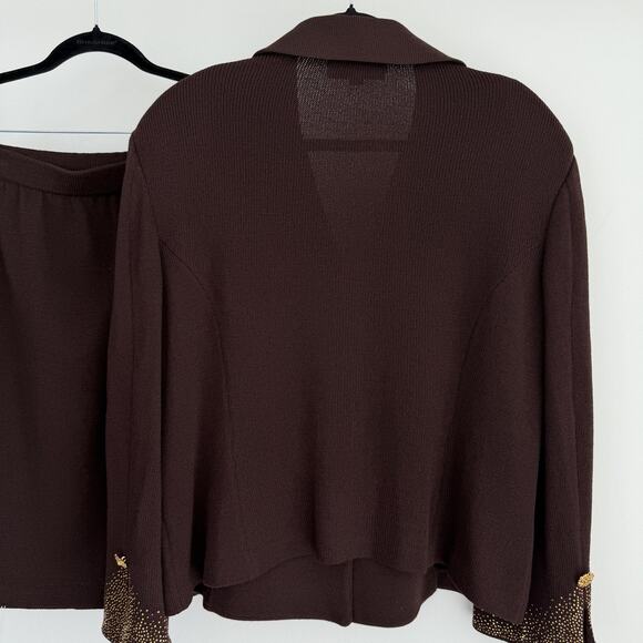Vintage St John Evening Skirt Suit Set 16 14 Brown Santana Knit Rhinestone Luxur - Picture 6 of 12